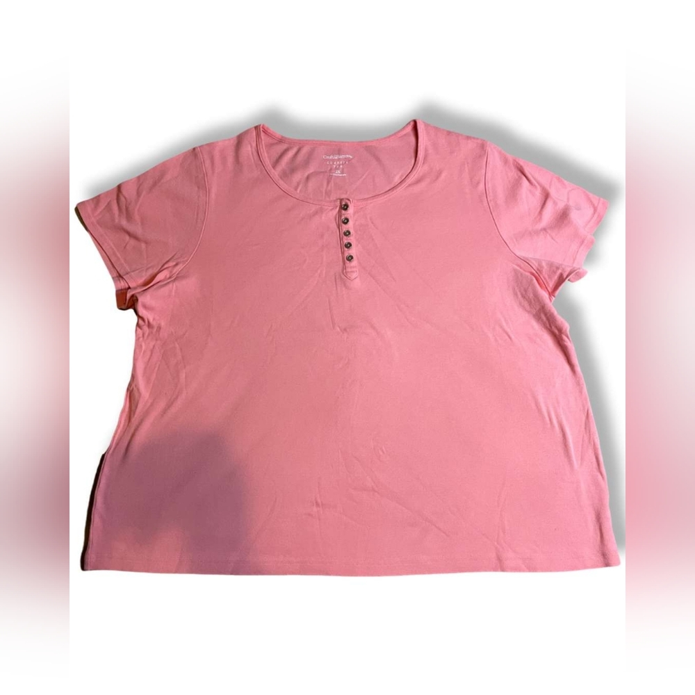 Croft&Barrow Classic Pink Flowy Henley-Buttons Crew-Neck Stretch Top, Size 2X